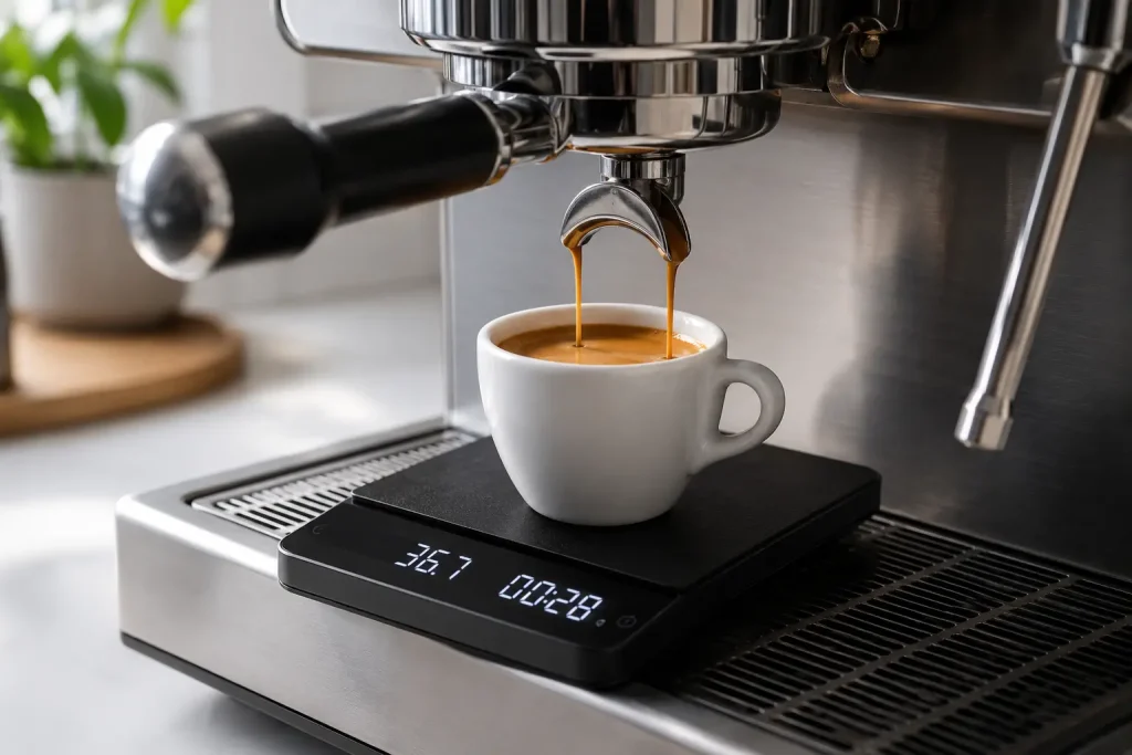 Filiżanka espresso stojąca na kompaktowej wadze barystycznej pod wylewką ekspresu kolbowego.