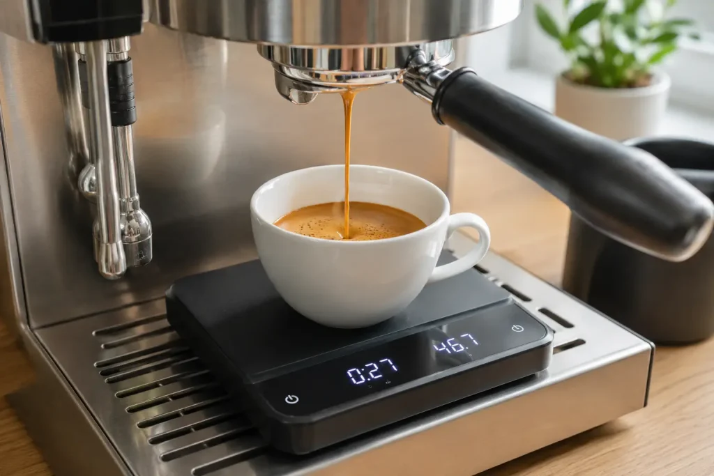 Pomiar masy espresso i czasu ekstrakcji na wadze ustawionej pod filiżanką.