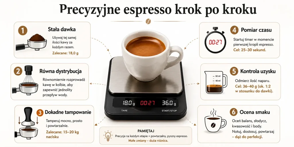 stała dawka, równa dystrybucja, dokładne tampowanie, pomiar czasu, kontrola uzysku i ocena smaku