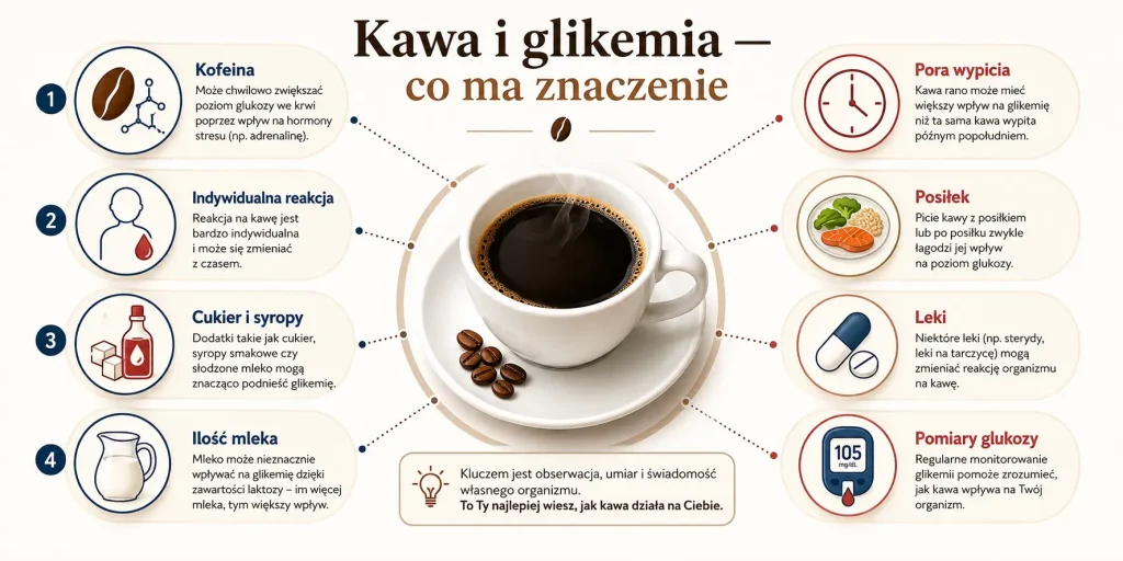 kofeina, indywidualna reakcja, cukier i syropy, ilość mleka, pora wypicia, posiłek, leki oraz regularne pomiary zalecone przez lekarza.