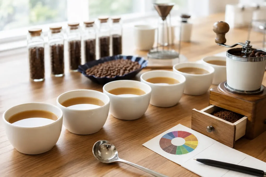 Degustacja panamskiej Geishy w jasnych czarkach z kartą aromatów i ręcznym młynkiem.