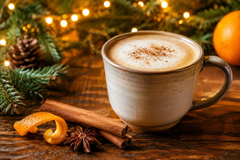 Korzenne latte z cynamonem, pomarańczą i delikatną mleczną pianką na świątecznie udekorowanym stole.
