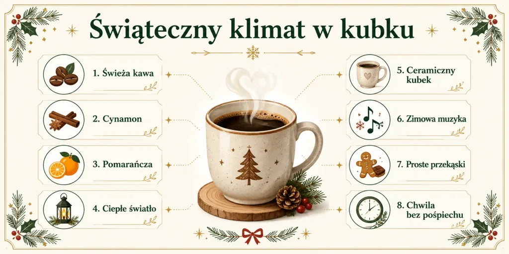 świeża kawa, cynamon, pomarańcza, ciepłe światło, ceramiczne naczynie, zimowa muzyka, proste przekąski i chwila bez pośpiechu