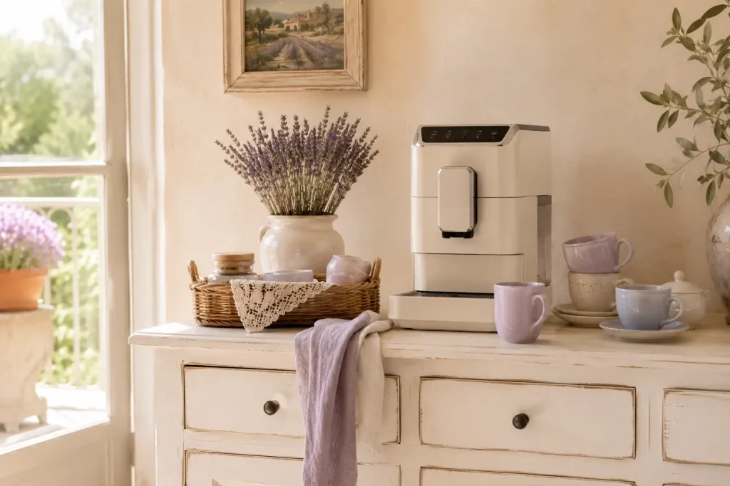 Jasna strefa kawowa z bieloną drewnianą komodą, ceramicznymi filiżankami i bukietem lawendy.