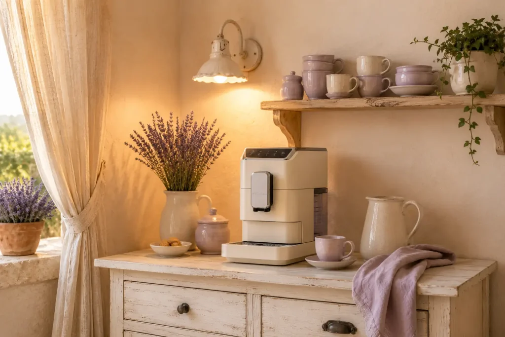 Prowansalska strefa kawowa oświetlona jasnym kinkietem z ceramicznym kloszem, z pastelową ścianą i półką na filiżanki.