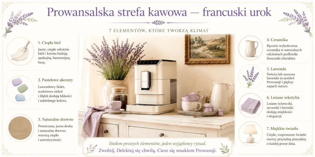 ciepła biel, pastelowe akcenty, naturalne drewno, ceramika, lawenda, lniane tekstylia oraz miękkie światło