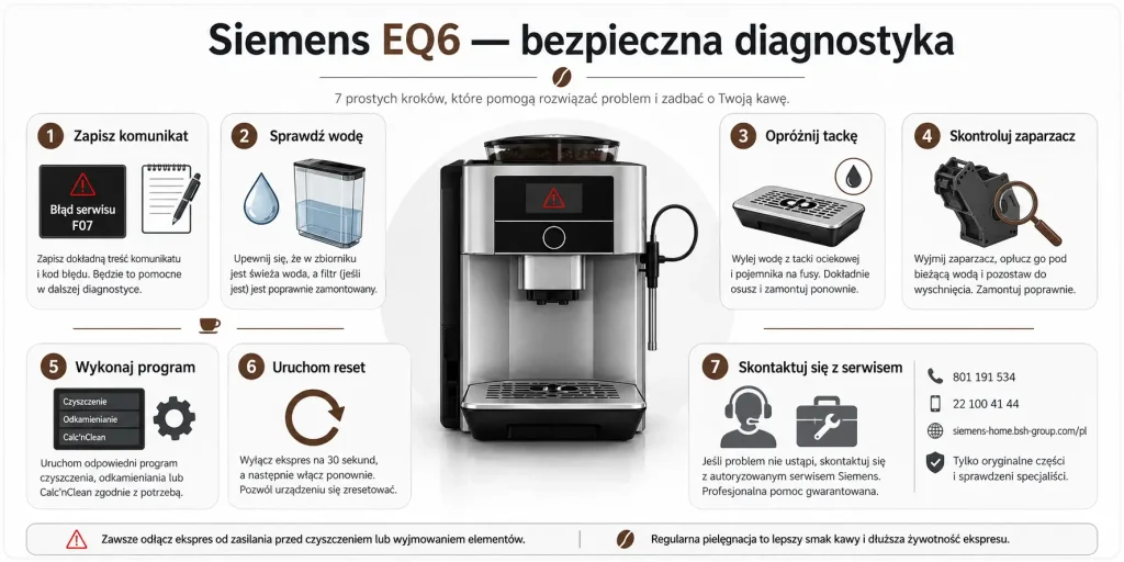 zapisz komunikat, sprawdź wodę, opróżnij tackę, skontroluj zaparzacz, wykonaj wymagany program, uruchom miękki reset i oceń, czy potrzebny jest serwis.