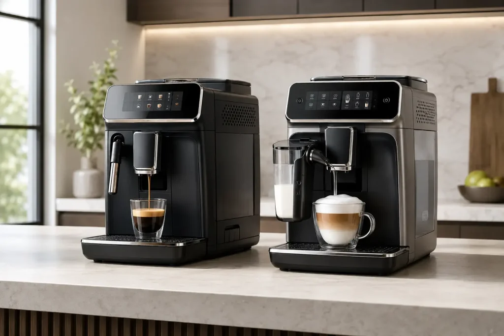 Automatyczne ekspresy Philips i Saeco ustawione obok filiżanek espresso oraz cappuccino.
