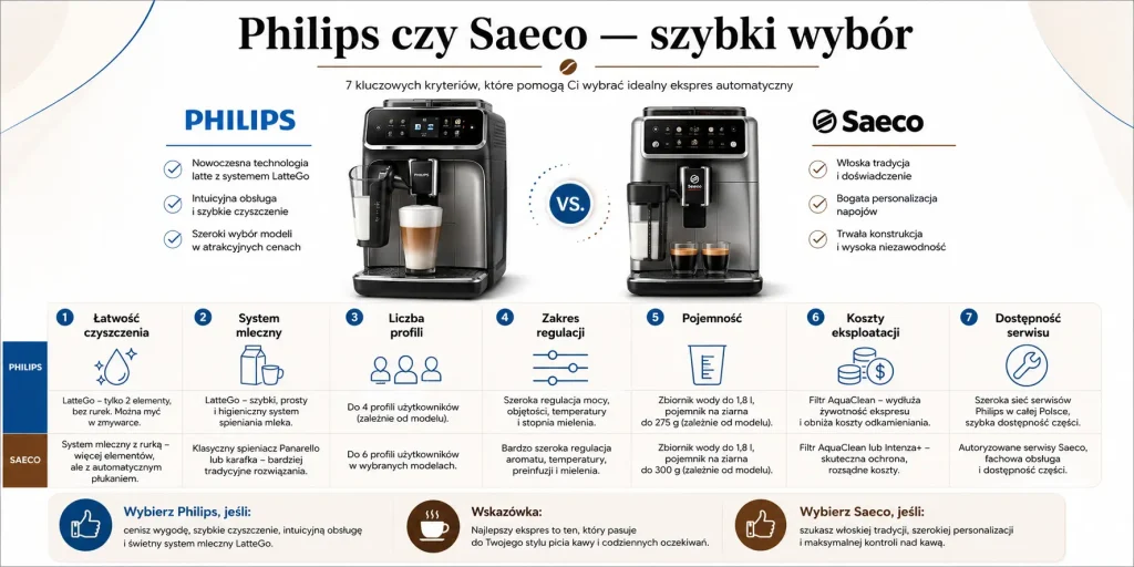  łatwość czyszczenia, system mleczny, liczba profili, zakres regulacji, pojemność, cena eksploatacji i dostępność serwisu.