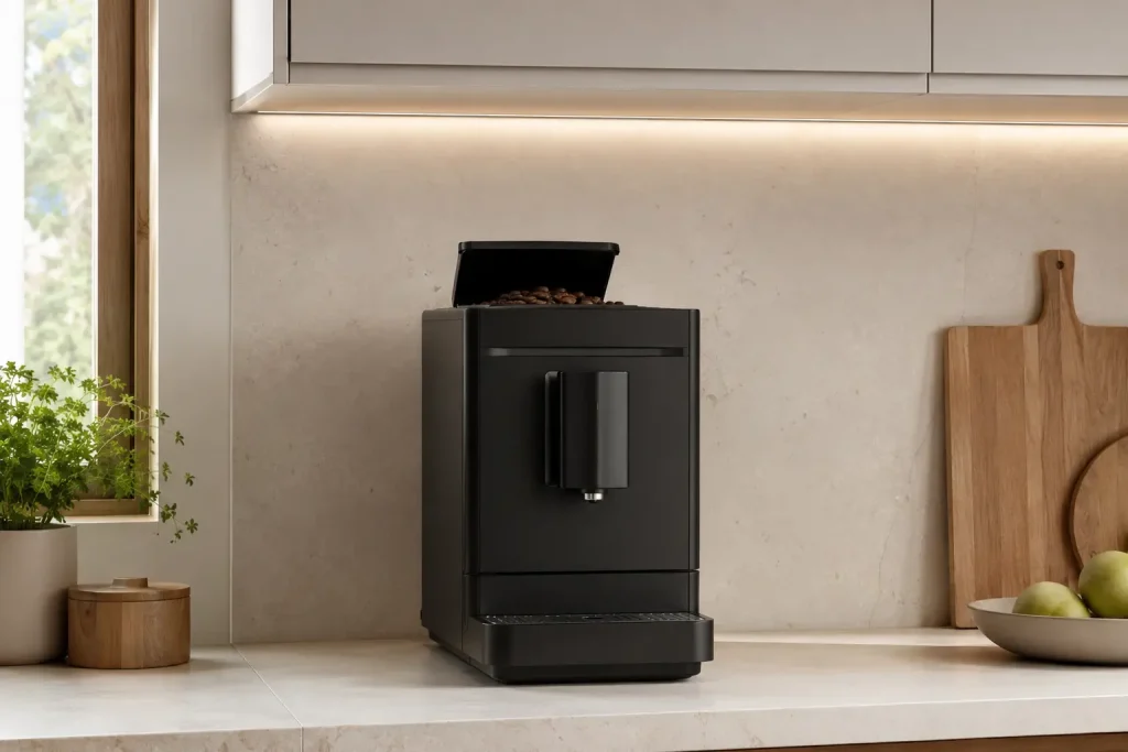Kompaktowy automat ustawiony pod wiszącą szafką z widoczną wolną przestrzenią nad pojemnikiem na ziarna.