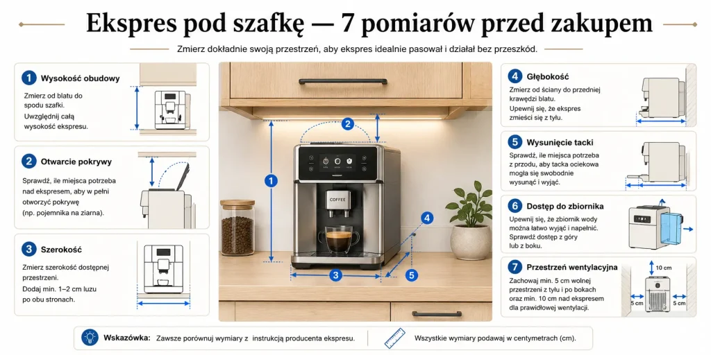 wysokość obudowy, otwarcie pokrywy, szerokość, głębokość, wysunięcie tacki, dostęp do zbiornika i przestrzeń wentylacyjna