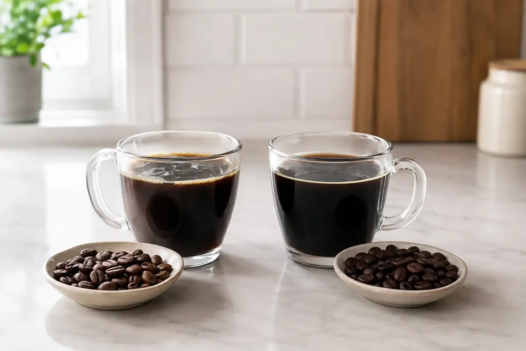 Małe espresso, duża kawa mleczna i kawa z syropem pokazane jako różne porcje napoju.