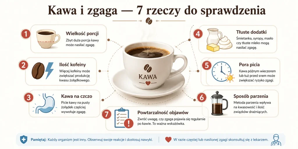  wielkość porcji, kofeinę, picie na czczo, tłuste dodatki, porę dnia, metodę parzenia oraz powtarzalność objawów
