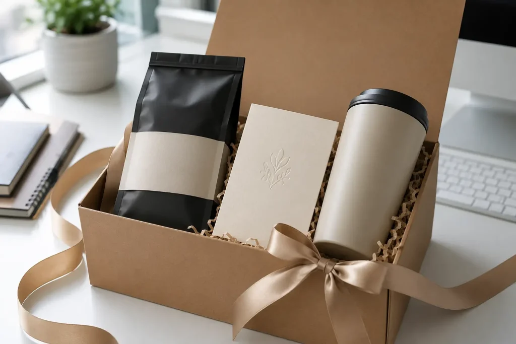 Personalizowane opakowanie kawy z subtelną opaską, kartą z imieniem odbiorcy i firmowym kubkiem termicznym.