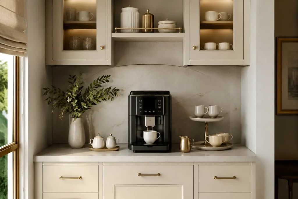Elegancka strefa kawowa z jasnym kamiennym blatem, ciemnym ekspresem, porcelaną i mosiężnymi detalami.
