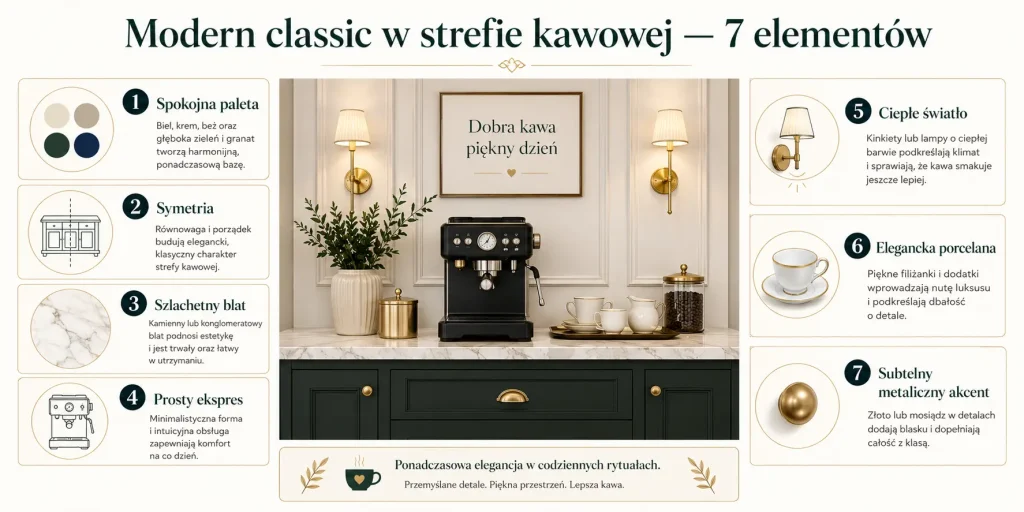 spokojna paleta, symetria, szlachetny blat, prosty ekspres, ciepłe światło, elegancka porcelana i subtelny metaliczny akcent