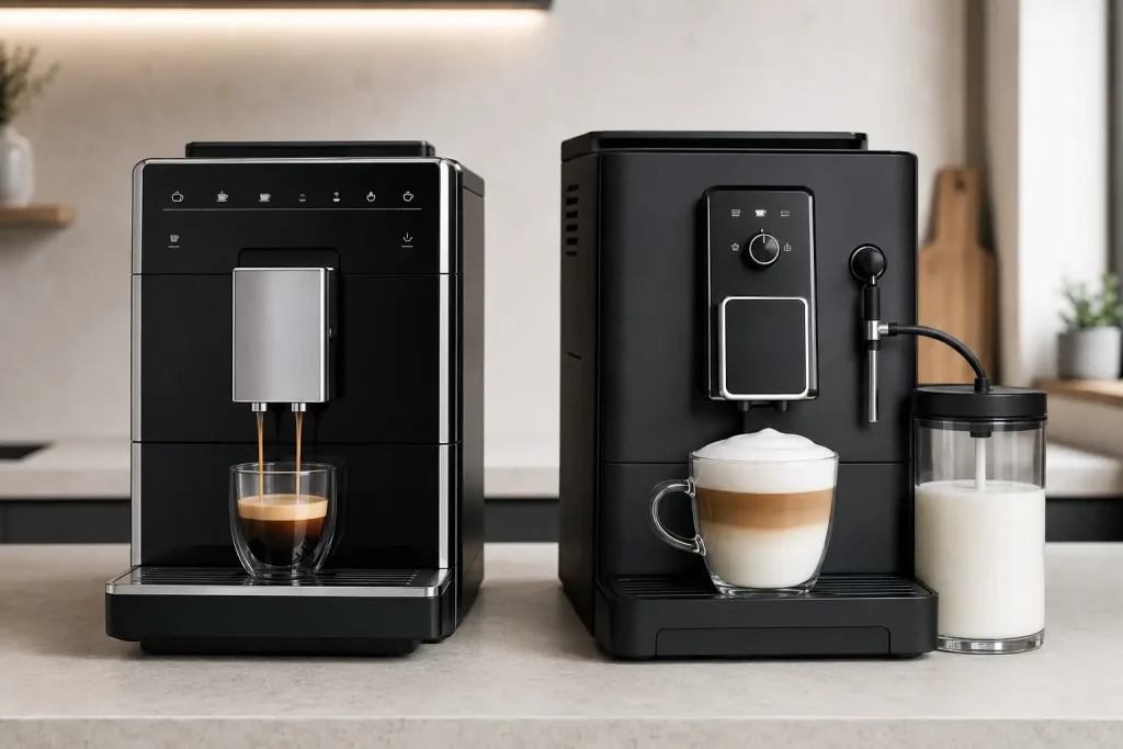 Dwa automatyczne ekspresy Melitta i Nivona ustawione obok filiżanek espresso oraz cappuccino.