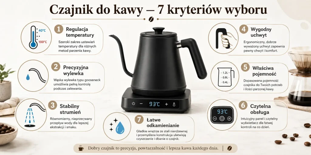 regulacja temperatury, precyzyjna wylewka, stabilny strumień, wygodny uchwyt, właściwa pojemność, czytelna obsługa i łatwe odkamienianie.