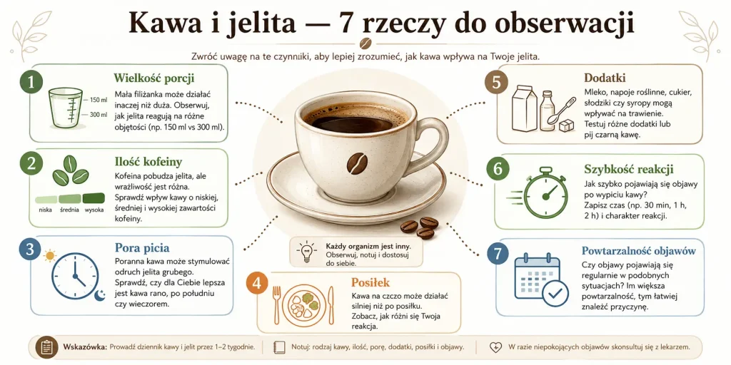 wielkość porcji, kofeina, pora picia, posiłek, dodatki, szybkość reakcji i powtarzalność objawów