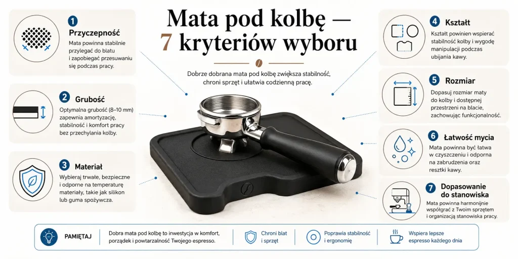 przyczepność, grubość, materiał, kształt, rozmiar, łatwość mycia i dopasowanie do stanowiska.