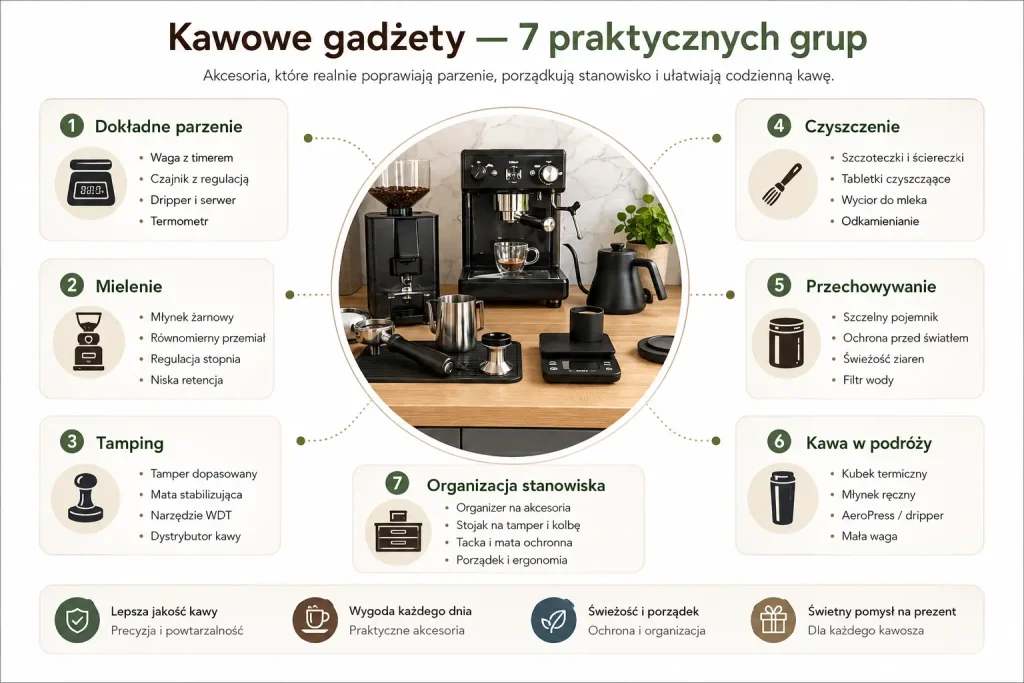 dokładne parzenie, mielenie, tamping, czyszczenie, przechowywanie, kawa w podróży i organizacja stanowiska.