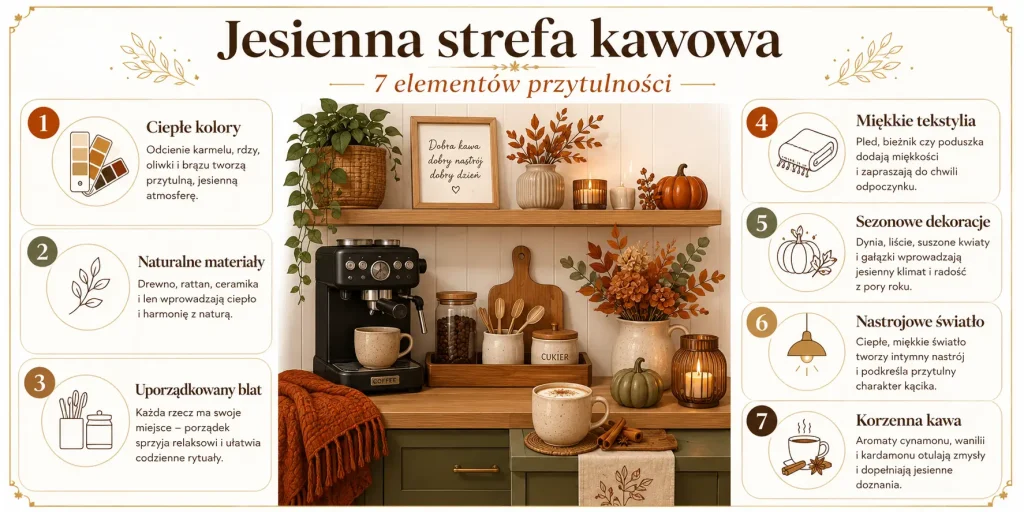  ciepłe kolory, naturalne materiały, uporządkowany blat, miękkie tekstylia, sezonowe dekoracje, nastrojowe światło i korzenna kawa.