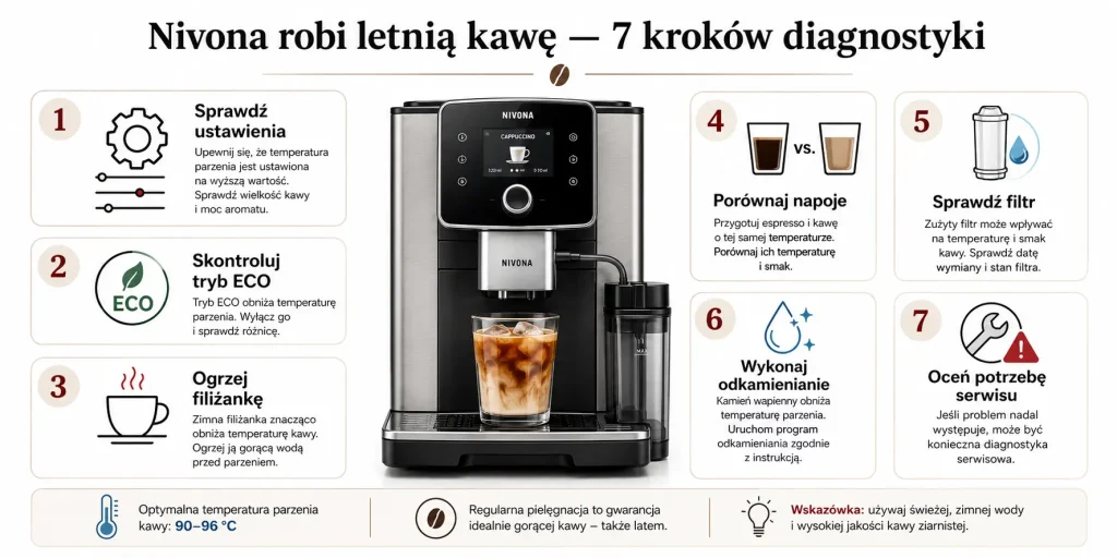 sprawdź ustawienia, wyłącz ECO, ogrzej filiżankę, porównaj napoje, skontroluj filtr, wykonaj odkamienianie, oceń potrzebę serwisu.