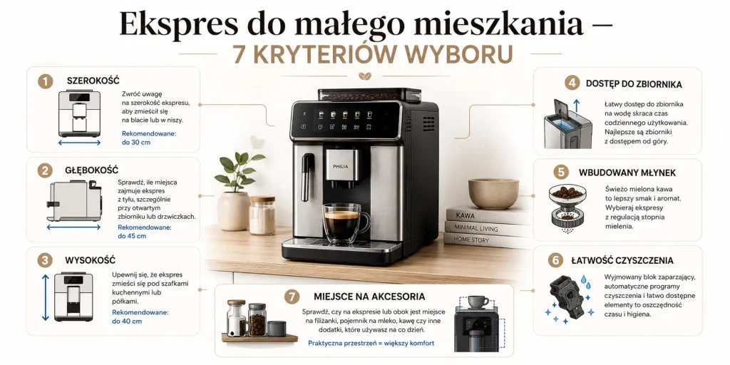 szerokość, głębokość, wysokość, dostęp do zbiornika, wbudowany młynek, łatwość czyszczenia i miejsce na akcesoria.