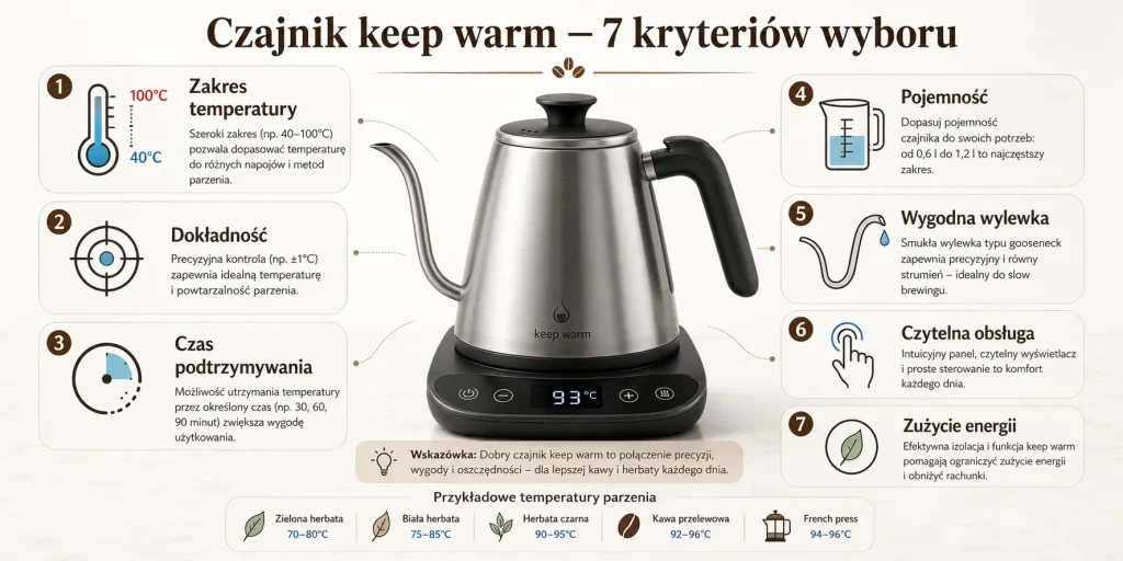 zakres temperatury, dokładność, czas podtrzymywania, pojemność, wygodna wylewka, czytelna obsługa i rozsądne zużycie energii