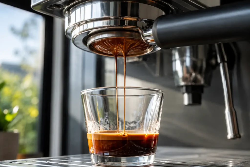 Ekstrakcja espresso widoczna od spodu sitka zamontowanego w kolbie bezdennej.