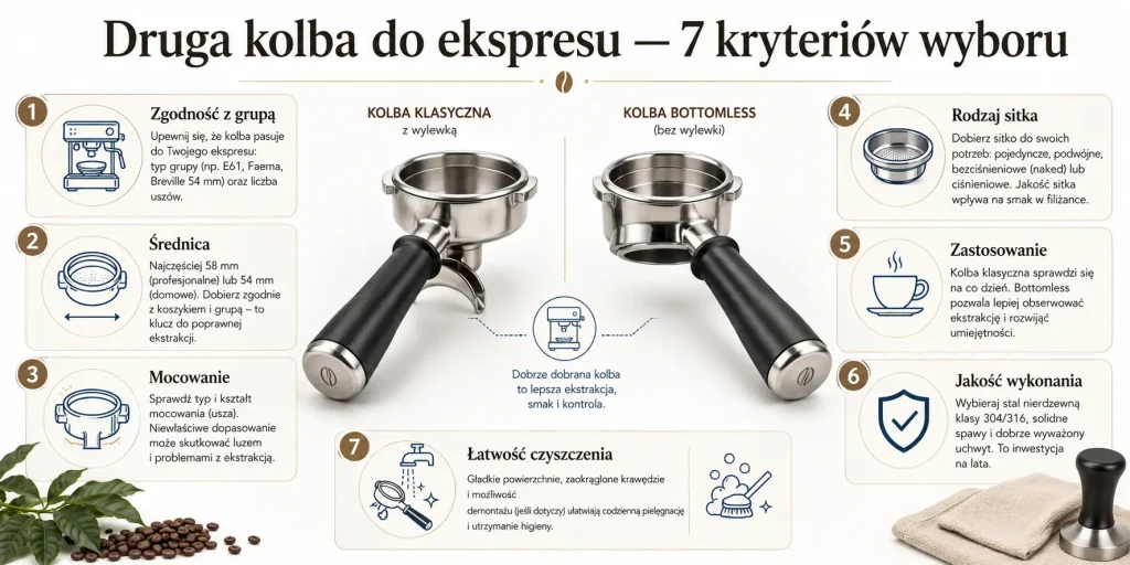 zgodność z grupą, średnica, mocowanie, rodzaj sitka, zastosowanie, jakość wykonania i łatwość czyszczenia.