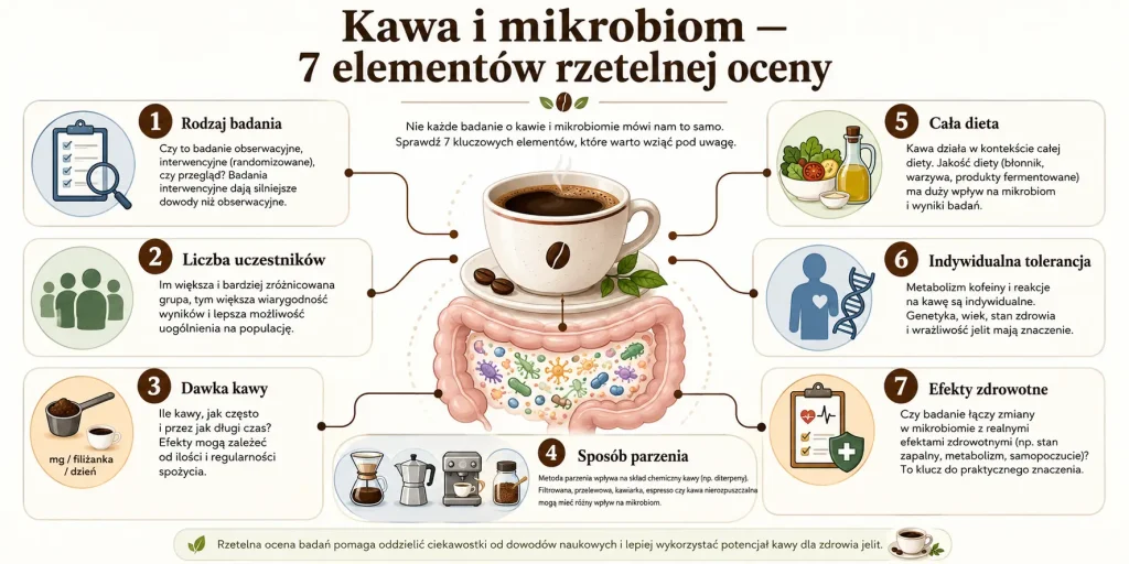 rodzaj badania, liczba uczestników, dawka kawy, sposób parzenia, cała dieta, indywidualna tolerancja i rzeczywiste efekty zdrowotne.