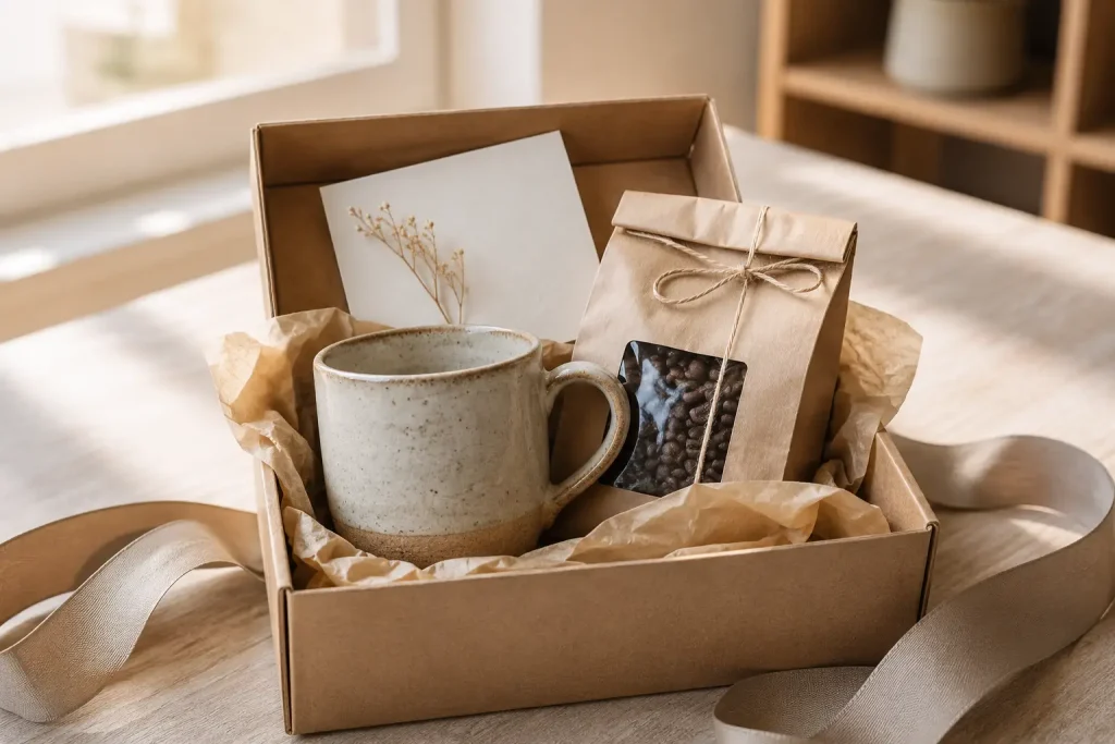 Elegancki ceramiczny kubek zapakowany z paczką kawy, wstążką i niewielką kartą z życzeniami.