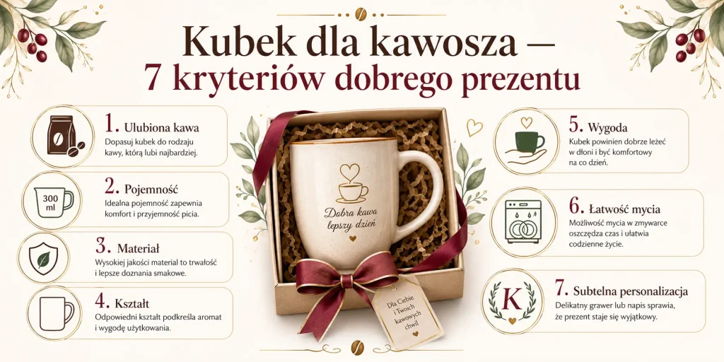 ulubiona kawa, pojemność, materiał, kształt, wygoda, łatwość mycia i subtelna personalizacja.