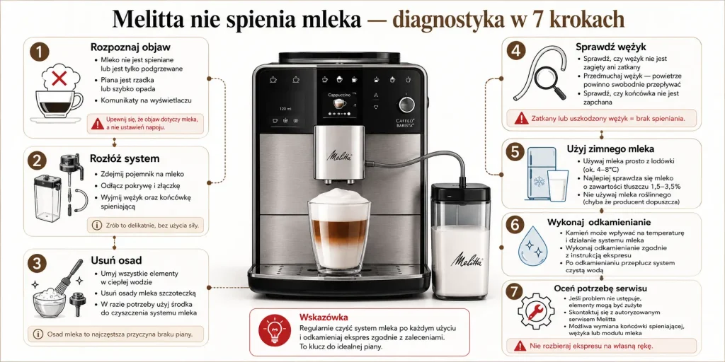 rozpoznaj objaw, rozłóż system, usuń osad, sprawdź wężyk, użyj zimnego mleka, wykonaj odkamienianie, oceń potrzebę serwisu.