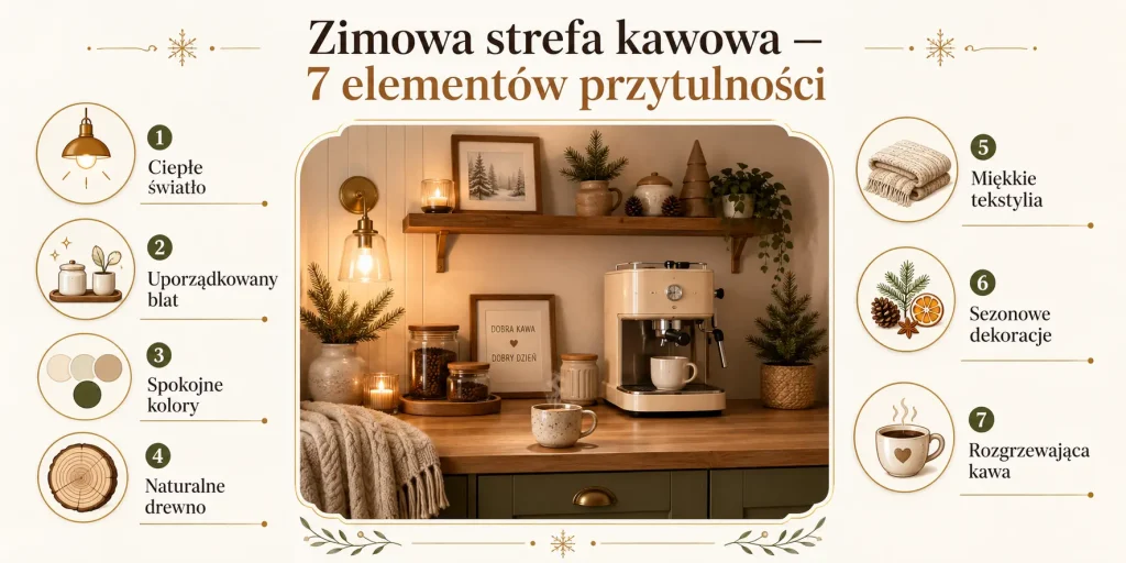 ciepłe światło, uporządkowany blat, spokojne kolory, naturalne drewno, miękkie tekstylia, sezonowe dekoracje i rozgrzewająca kawa